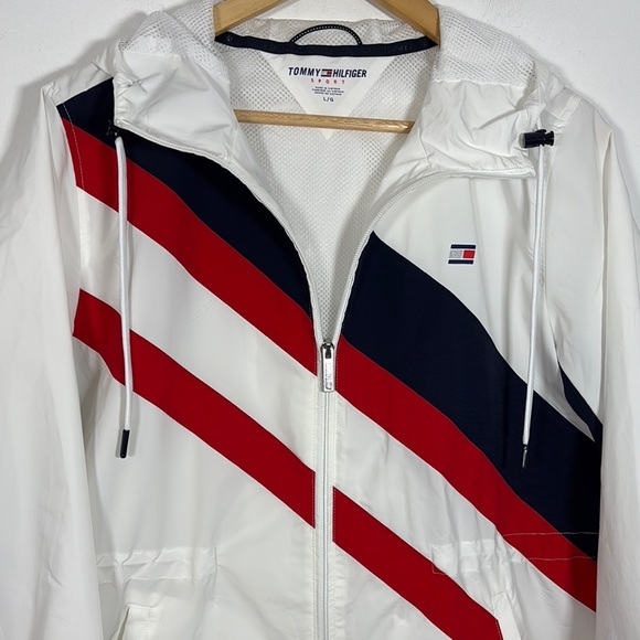 Tommy Hilfiger Utility Jacket White Red Hooded Large Windbreaker Nautical Preppy - Picture 4 of 8